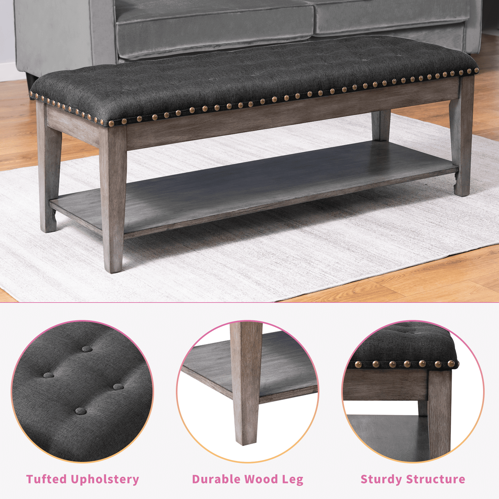 MUZZ Large Rectangular Upholstered Bench, Tufted Linen Ottoman Storage Benches with Solid Wood, Bed Bench with Storage Shelf, Entryway Bench for Bedroom/Living Room/Apartment (Dark Grey)