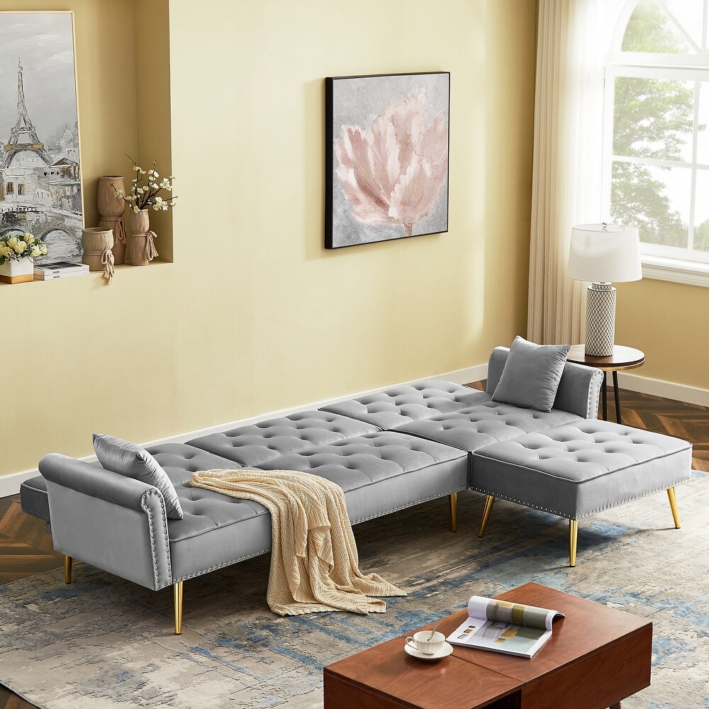 Modern Velvet Upholstered Sectional Sofa Bed  L Shaped Reversible 3 Seat Couch with Movable Ottoman   Nailhead Trim