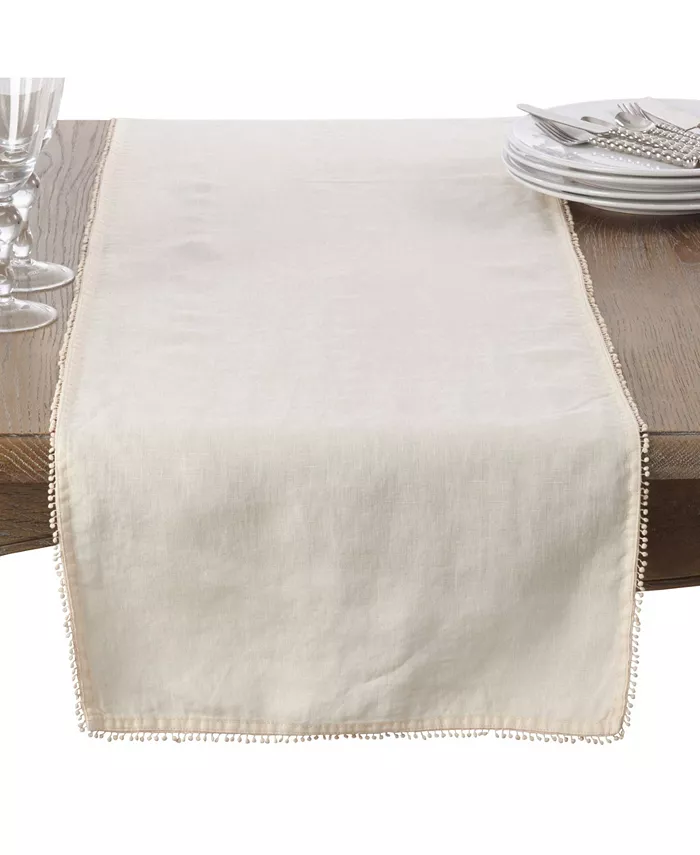 Saro Lifestyle Pom Pom Design Linen Dining Room Table Runner