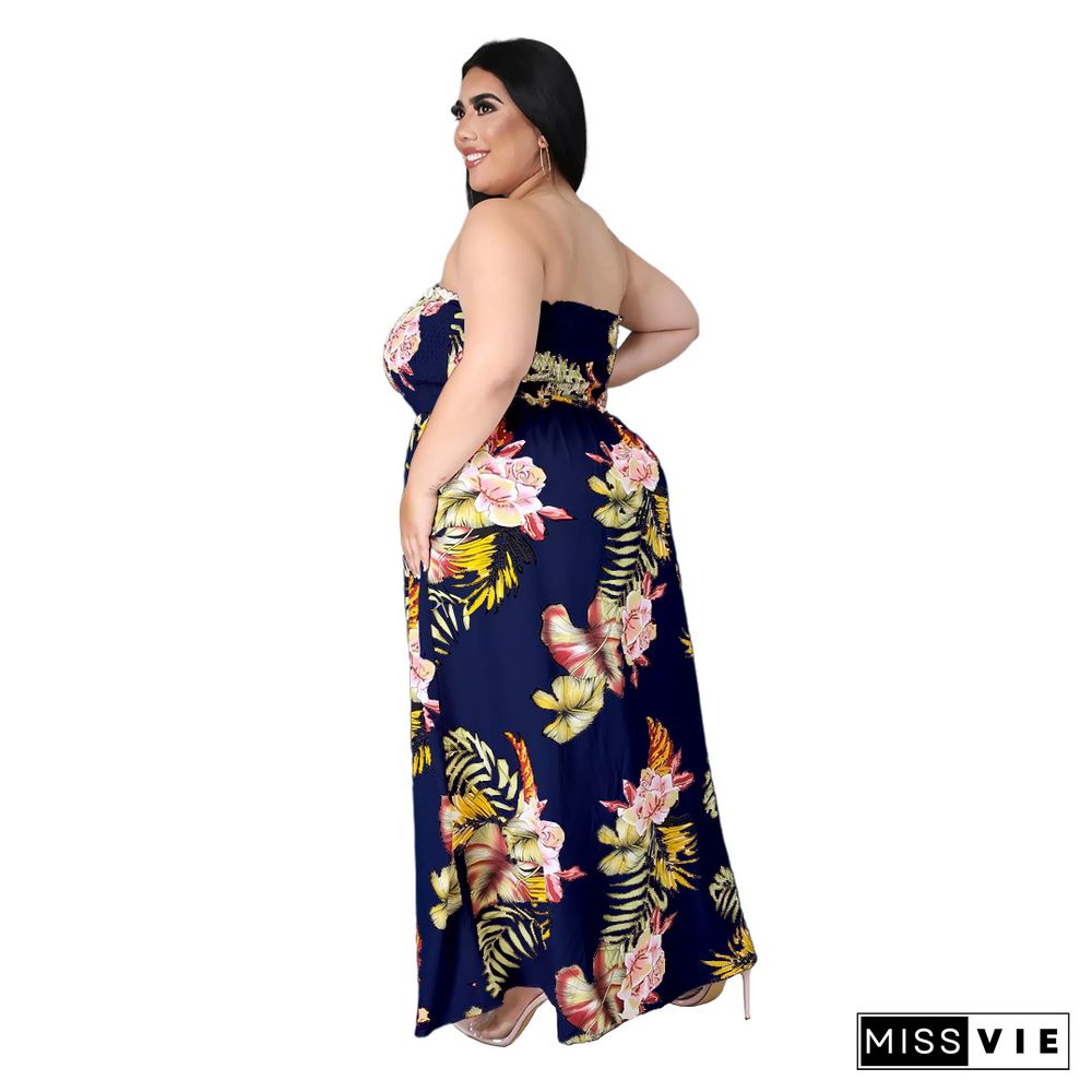 Summer Plus Size Women Clothing Floral Print Elastic Waist Beach Casual One Piece Split Jumpsuit