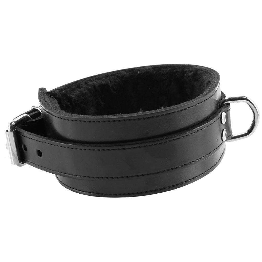 Furry Lined Leather Collar in Black