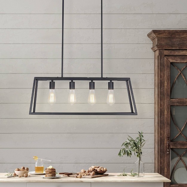 Industrial 4 light Rectangular Island Chandelier includes Led Light Bulb Matte Black Cresswell Lighting