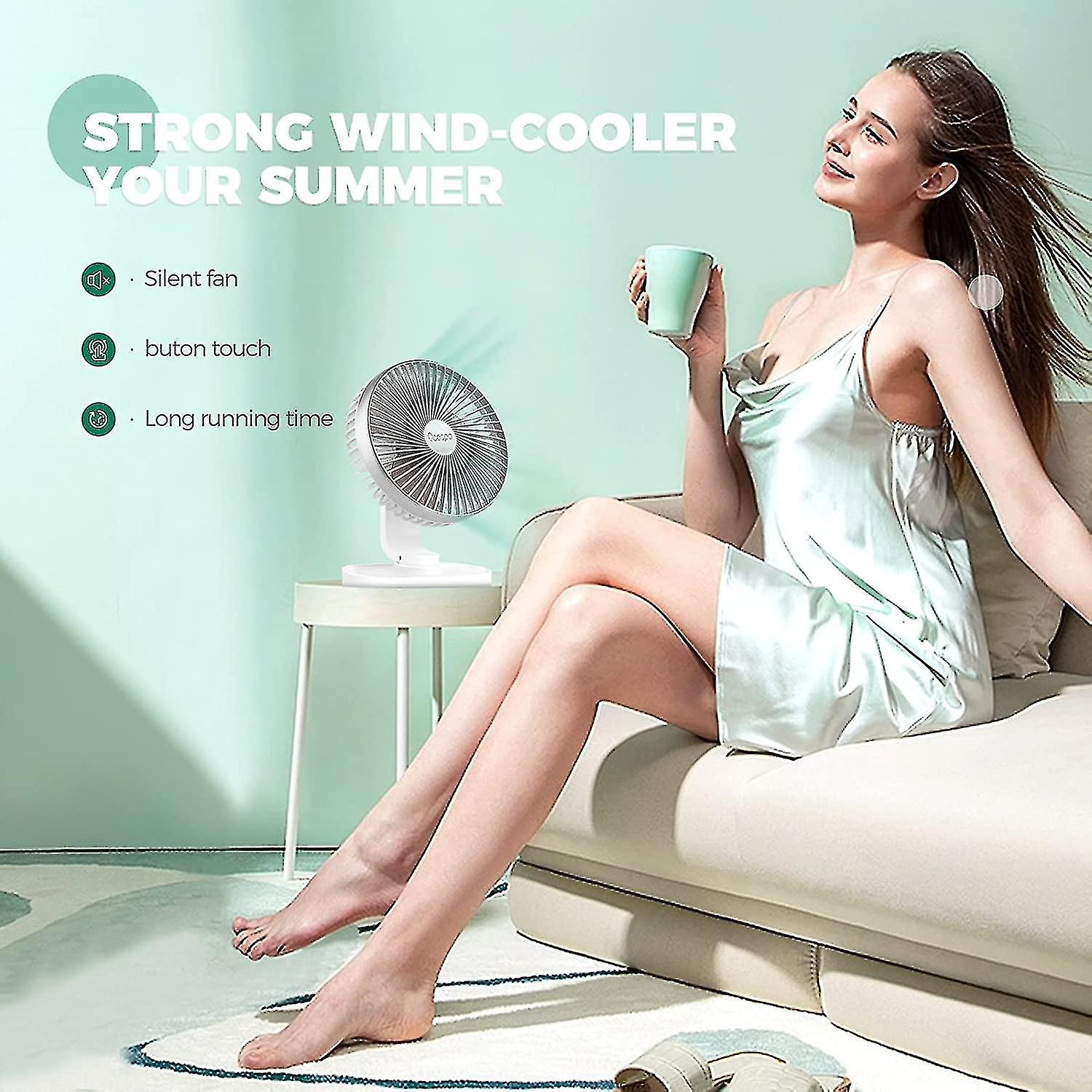 Desk Fan，auto Quiet Battery Fan 16.5cm，4 Speeds， 4000mah Usb Rechargeable Battery Operated，silver