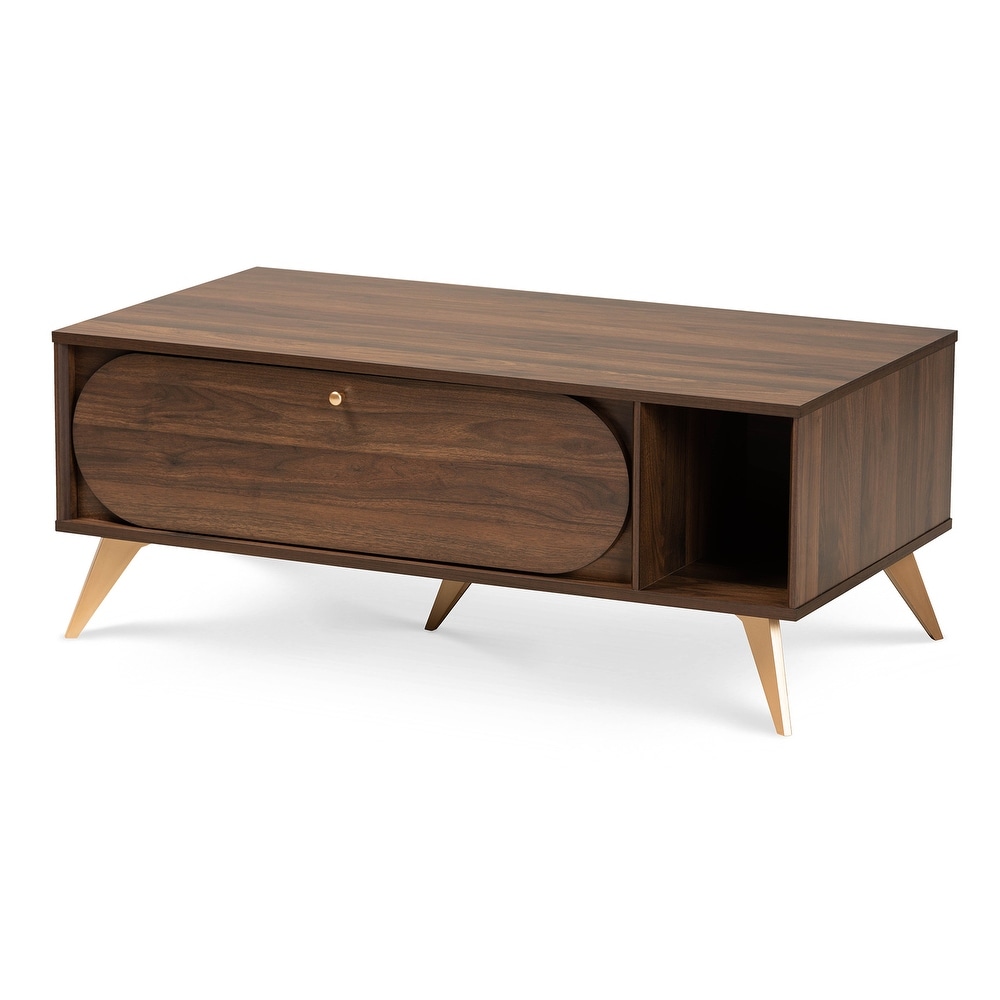 Edel Mid Century Walnut Brown and Gold Finished Wood Coffee Table