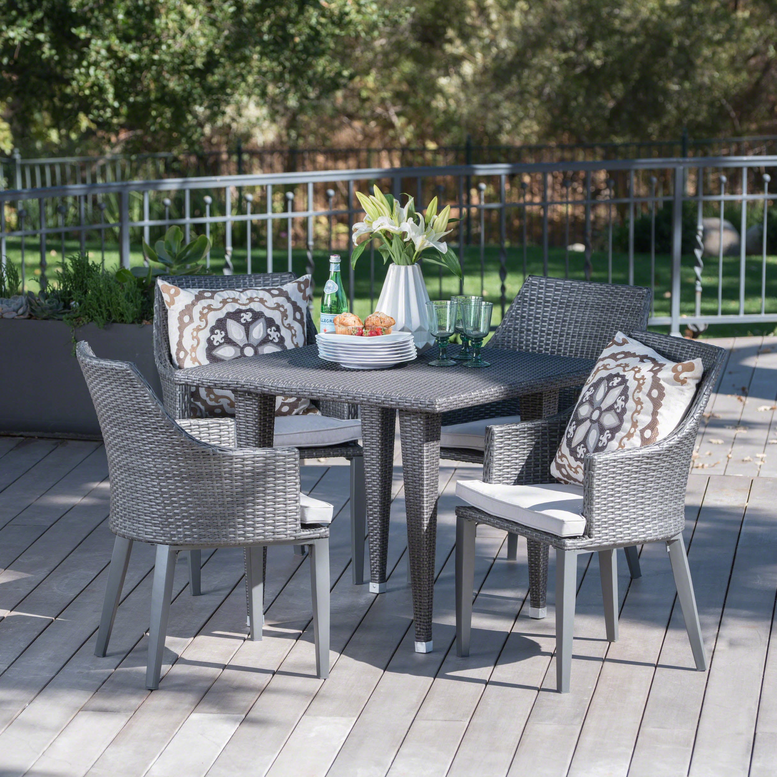 Lenny Outdoor 5 Piece Gray Wicker Dining Set with Water Resistant Cushions