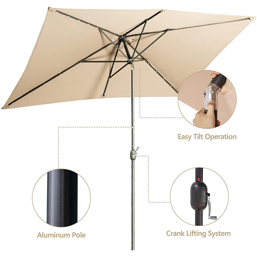 10X6.5Ft Patio Umbrella With Solar Lights -26 Led Rectangular Table Umbrella, 6-8 Chairs Outdoor Tilting Rectangle Umbrella For Lawn Backyard, Deck, Pool And Beach, Sand