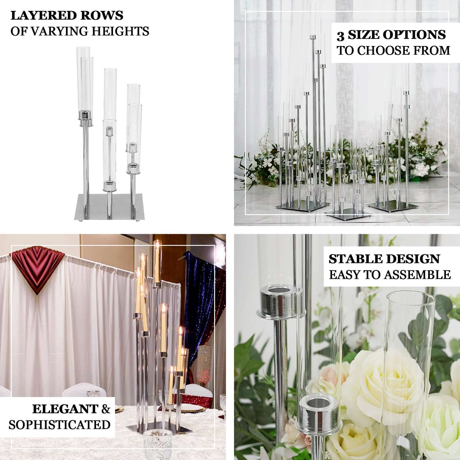 Silver 8 Arm Cluster Taper Candle Holder With Clear Glass Shades, Large Candle Arrangement 42