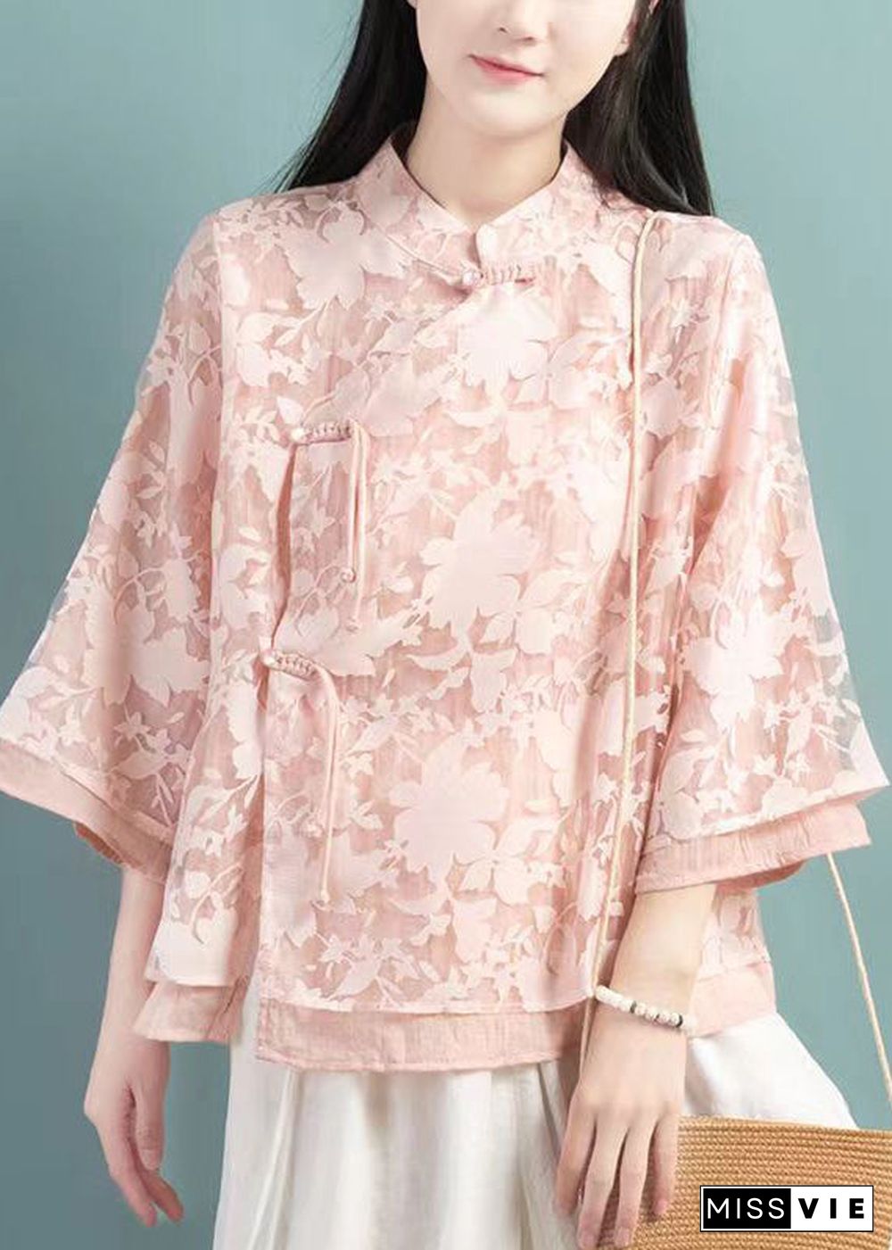 Pink Patchwork Tulle Shirt Tops Stand Collar Chinese Button Fall