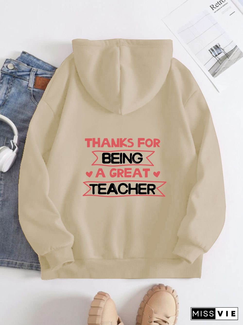 Printed on the Back Kangaroo Pocket Hoodie Long Sleeve for Women Pattern Thank you teacher