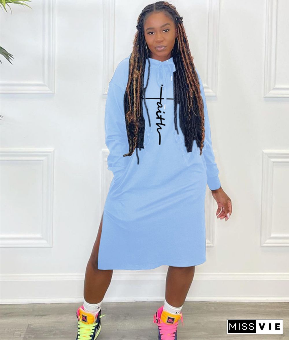 Casual Long Sleeve Slit Loose Sweatshirt Hooded Dress