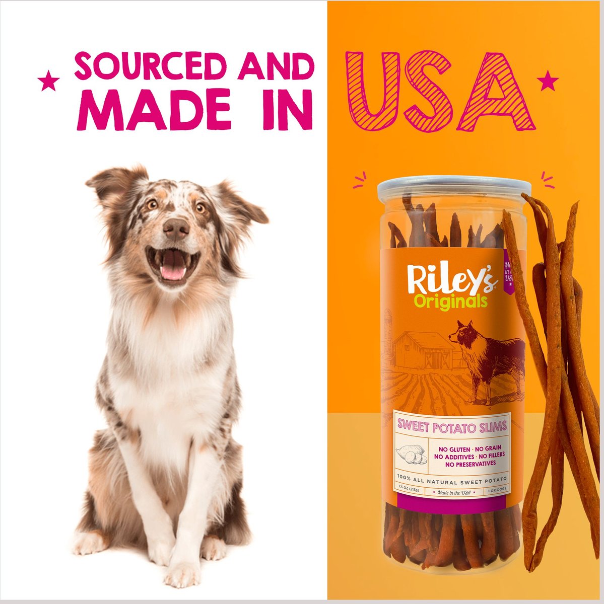 Riley's Originals Slims Dried Sweet Potato Dehydrated Dog Treats， 7.5-oz bag