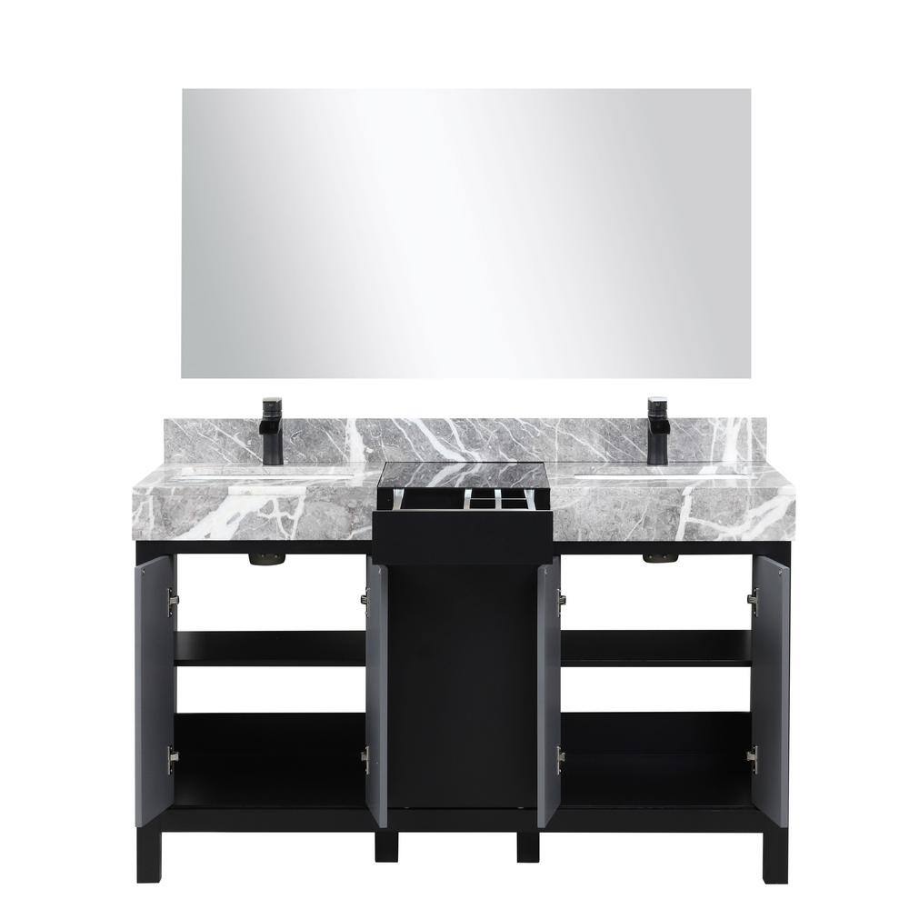 Lexora Zilara 55 in x 22 in D Black and Grey Double Bath Vanity Castle Grey Marble Top Matte Black Faucet Set 53 in Mirror LZ342255SLISM53FCM