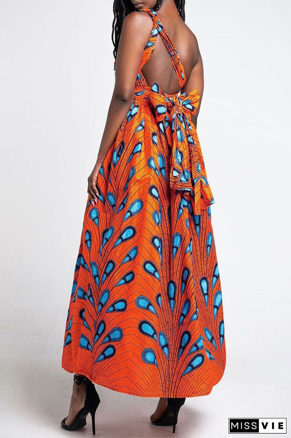 Blue Vintage Print Patchwork Backless V Neck A Line Dresses