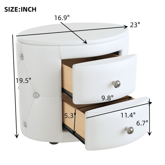 Elegant PU Nightstand with 2 Drawers and Crystal H...