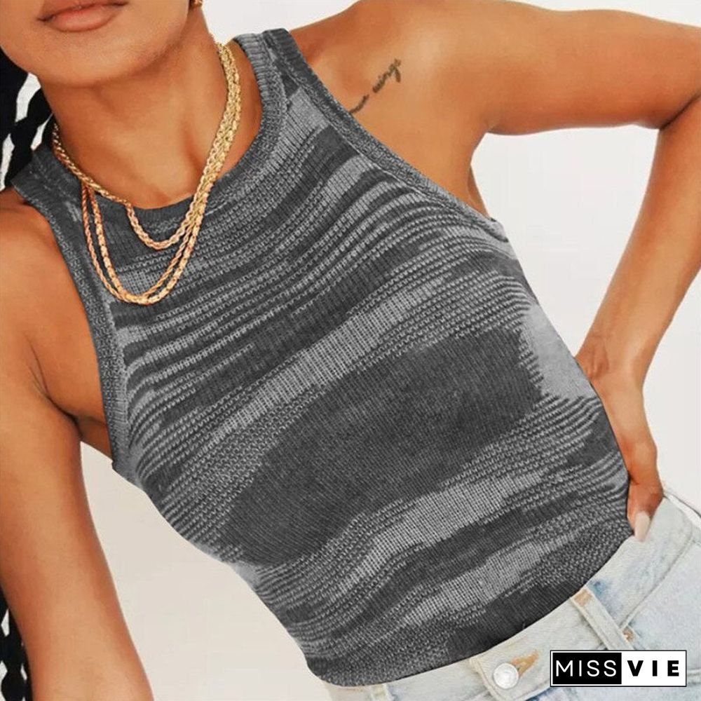 Knit Crop Top Women Sleeveless Y2K Basic T Shirts Casual Summer Off Shoulder Blue O Neck Tank Top Vintage Fashion