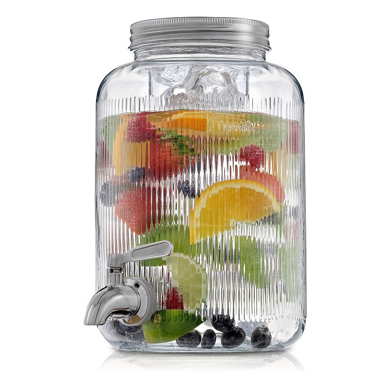 JoyJolt Glass Fluted Drink Dispenser with Spigot， Ice Infuser， and Fruit Infuser