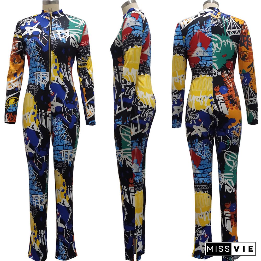 Women Autumn Clothing Digital Print Long Sleeve Front Zipper Bodycon Fitness One Piece Jumpsuit