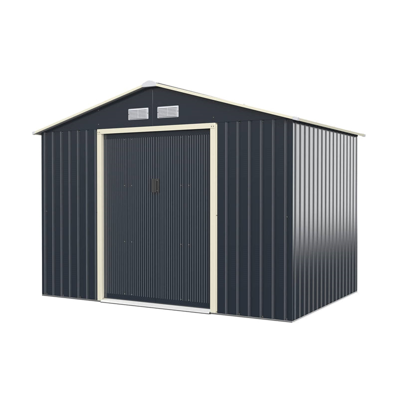 9 x 6 FT Outdoor Metal Storage Shed with 4 Air Vents & Sliding Double Lockable Doors, Backyard Tool Shed Garden Storage House