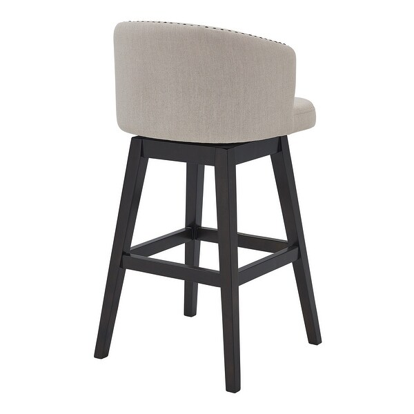 26 Inch Button Tufted Fabric Swivel Counter Stool， Angled Wood Legs， Beige