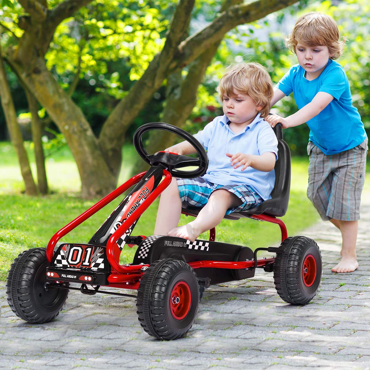 Costzon Kids Pedal Go Kart, 4 Wheel Pedal Powered Ride On Toys, Outdoor Racer Pedal Car with Adjustable Seat