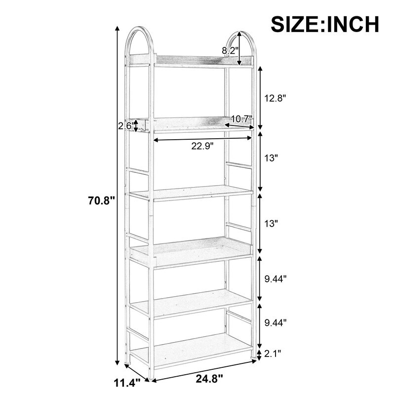 70.8 Inch Tall Bookshelf  6 tier Shelves with Round Top Frame