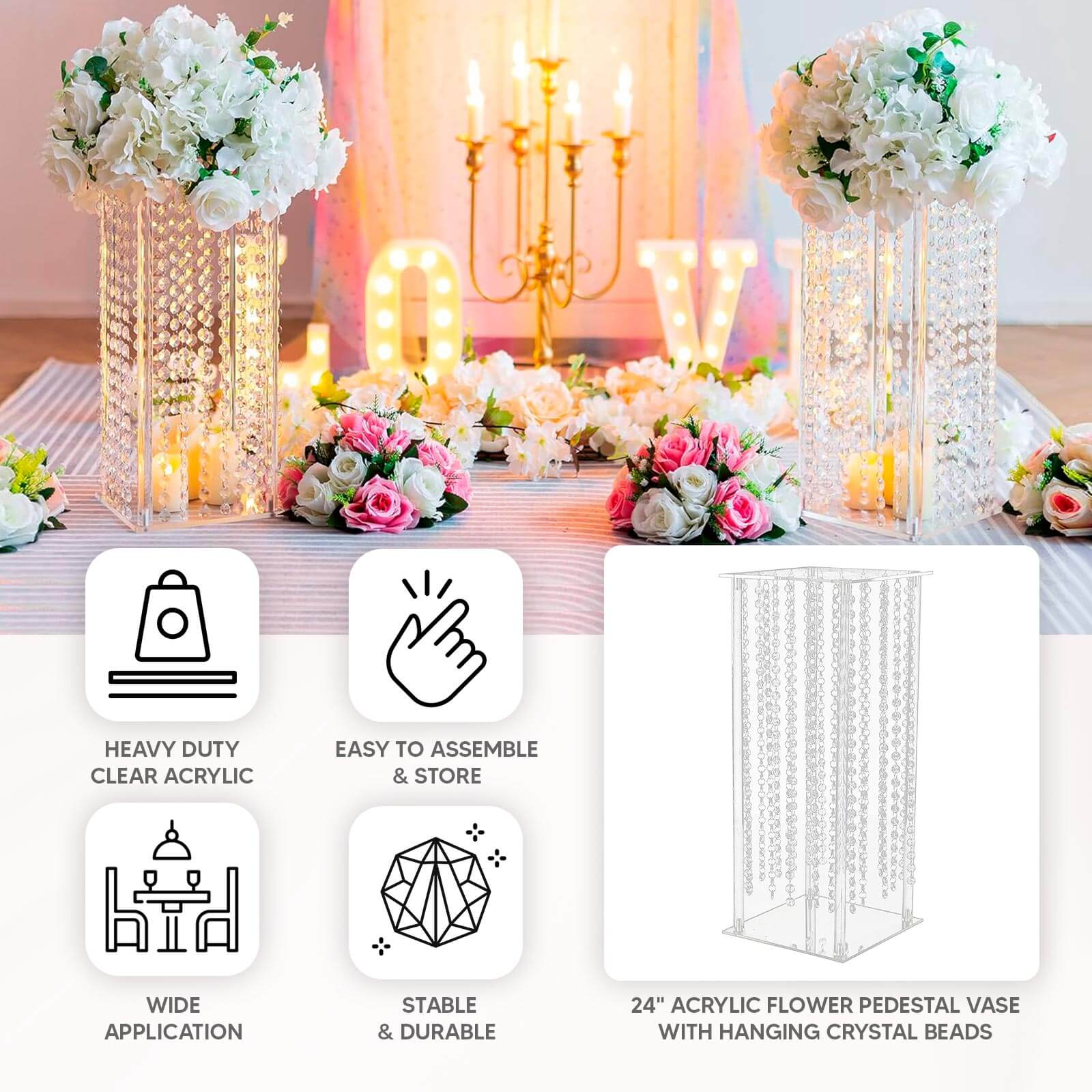 Heavy Duty Acrylic Flower Pedestal Vase with Hanging Crystal Beads, Clear Pillar Stand Wedding Table Centerpieces With Pre-chained Garlands 5mm Thick Plates 24