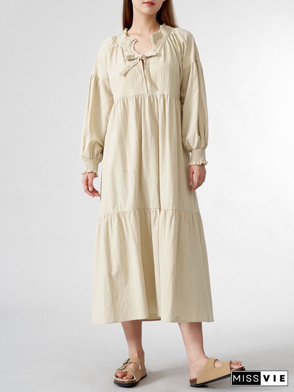 Solid Shirred Long Sleeve Tie Front V-neck Loose Dress