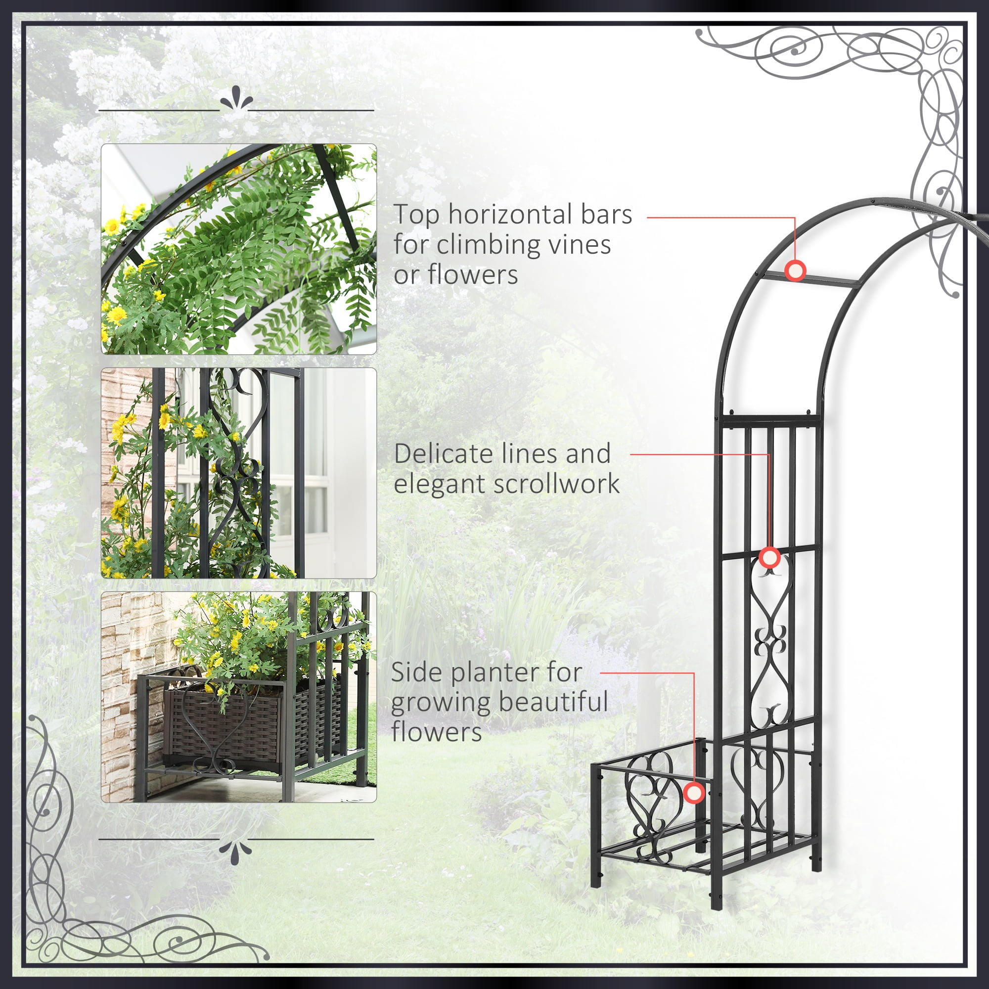 Outsunny Metal Garden Arbor with Planter Boxes Various Climbing Plant Wedding Arch Bridal Party Decoration for Outdoor Lawn