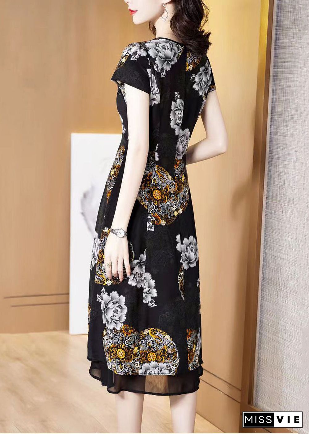 Classy Black O-Neck Print Layered Design Silk Holiday Dress Short Sleeve