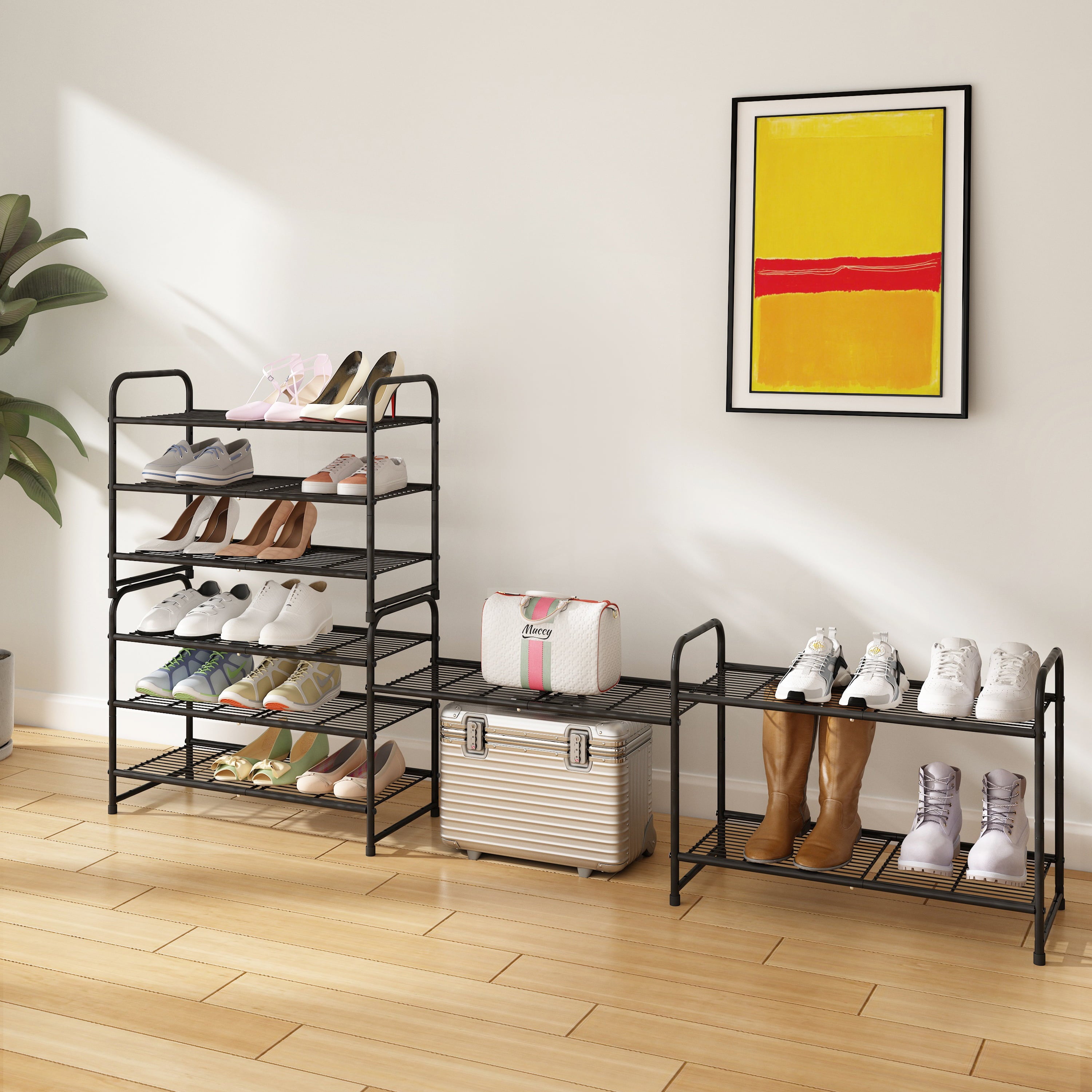 Simple Trending 3-Tier Stackable Shoe Rack， Expandable and Adjustable Shoe Shelf Storage Organizer， Wire Grid， Black