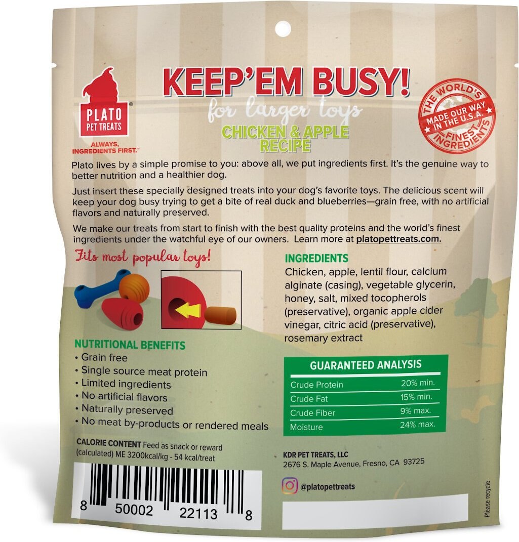 Plato Keep Em' Busy Chicken and Apple Toy Refill Grain-Free Dog Treats， 5-oz bag， Large