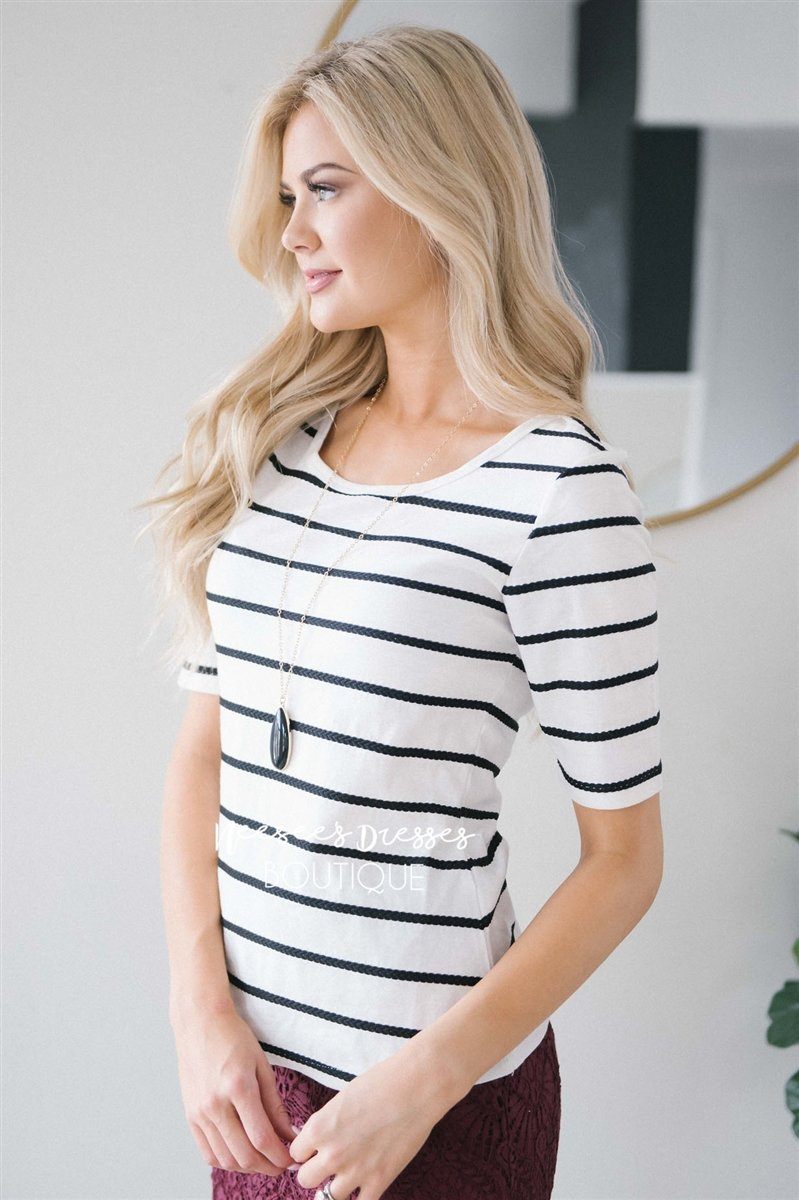 White Striped Scoop Neck Top