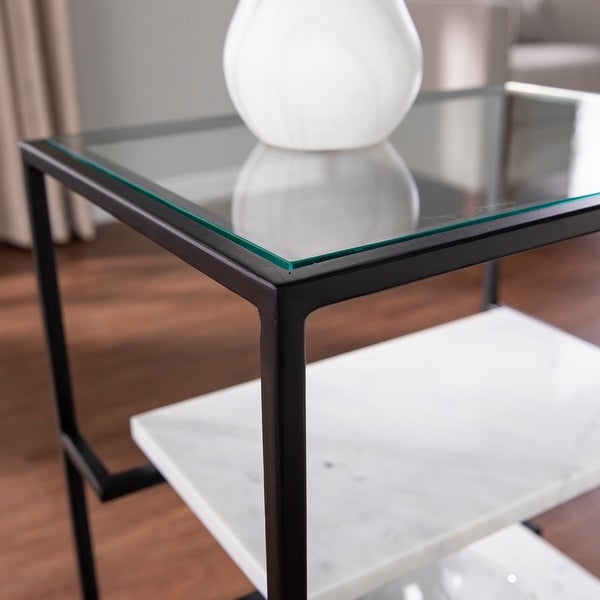 SEI Furniture Piesby Glass-Top End Table with Marble Shelving， Black/White