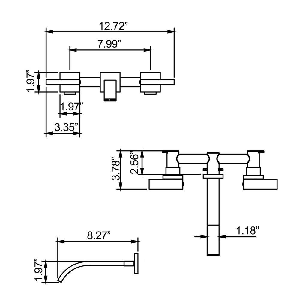 FLG Double Handle Waterfall Wall Mounted Bathroom Faucet Brass 3 Hole Bathroom Sink Faucet with Valve in Matte Black KK-0019-MB