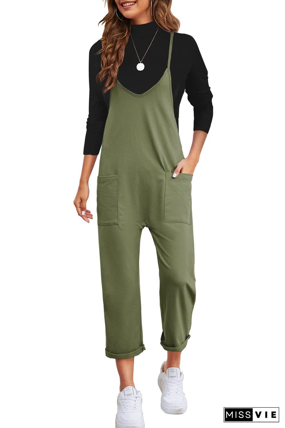 Green Pocketed Adjustable Spaghetti Strap Straight Leg Jumpsuit