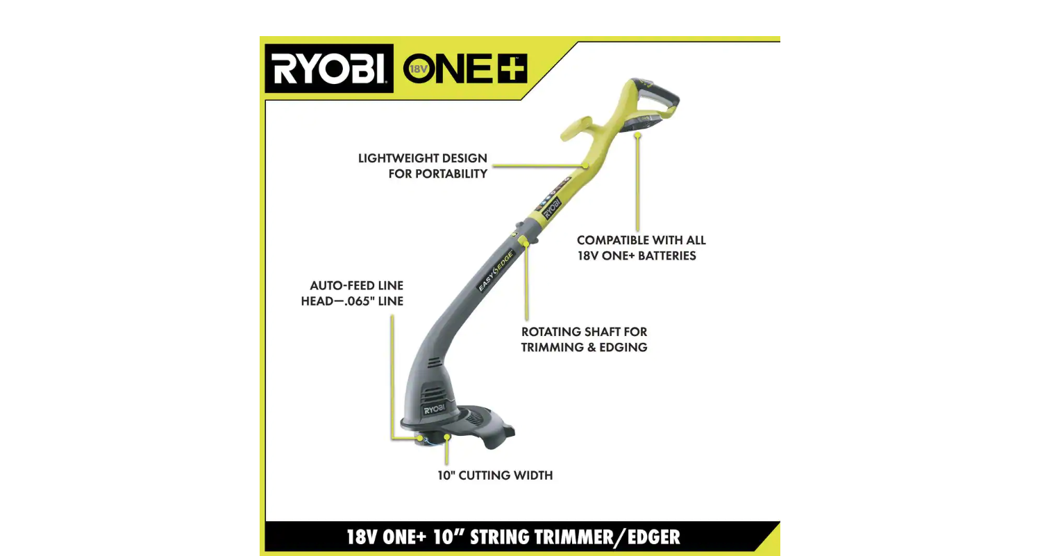 RYOBI P2030 ONE+ 18V 10 in. Cordless Battery String Trimmer and Edger with 1.5 Ah Battery and Charger