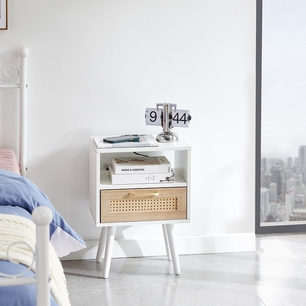 Modern Side table with Drawer and Solid Wood Legs，Rattan Nightstand with Power Outlet and USB Ports