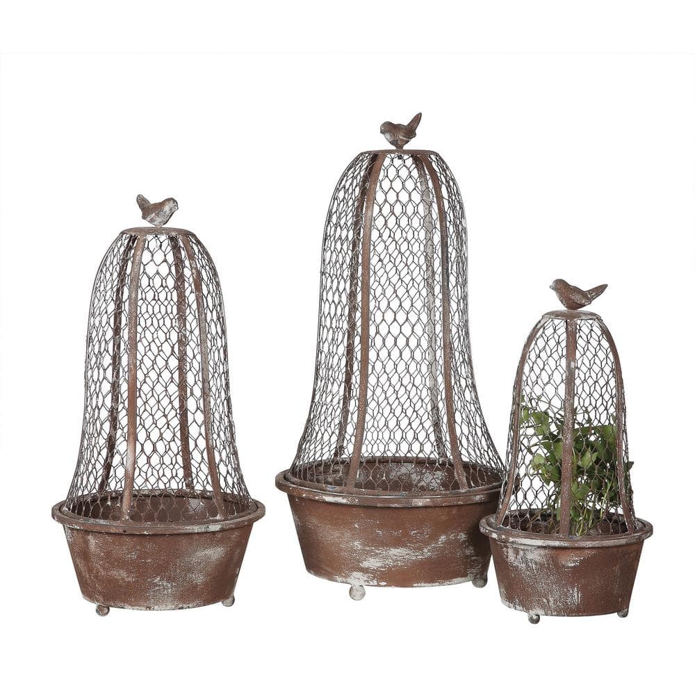 Storied Home Bird Planters Brown Metal and Wire Cloche (Set of 3) DE6220