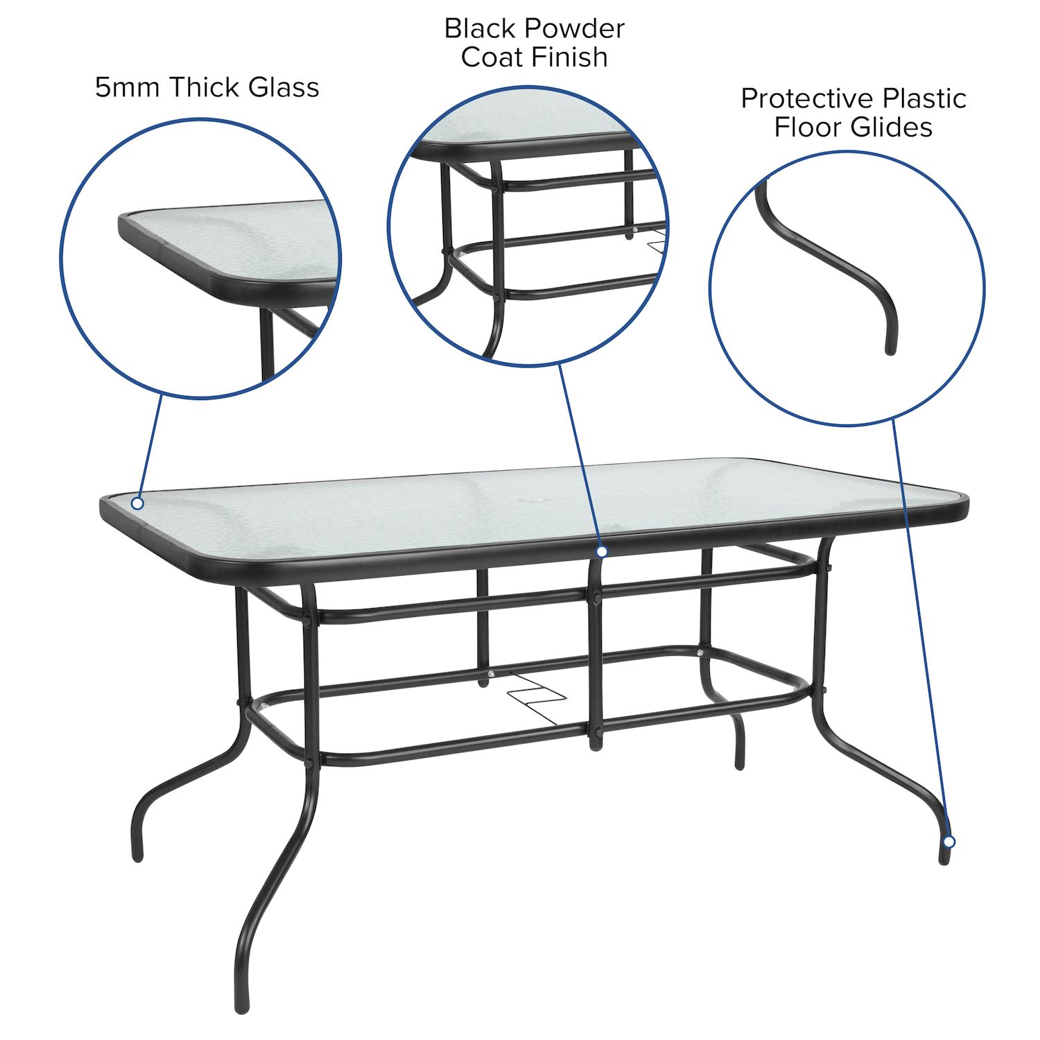 Emma and Oliver 7 Piece Patio Table and Chairs Set with 31.5x55 Rectangular Metal Table with Tempered Glass Top and 6 Black Aluminum Stacking Chairs