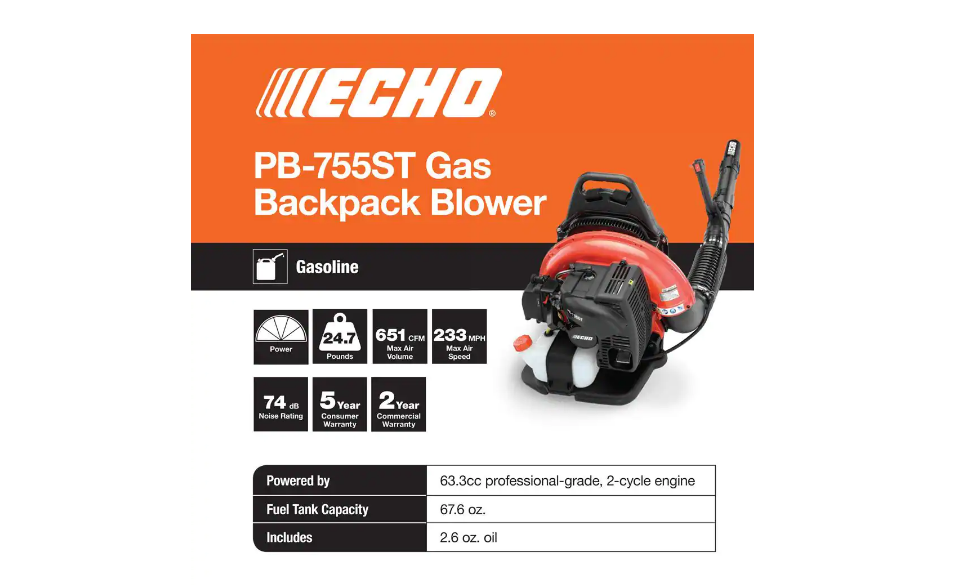 ECHO PB-755ST 233 MPH 651 CFM 63.3cc Gas 2-Stroke Cycle Backpack Leaf Blower with Tube Throttle