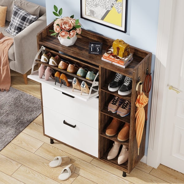 Shoe Storage Cabinet with 3 Flip Drawers and 5 Tiers shelves， Freestanding Wooden Tipping Bucket Shoes Organizer Cabinets - - 35444566