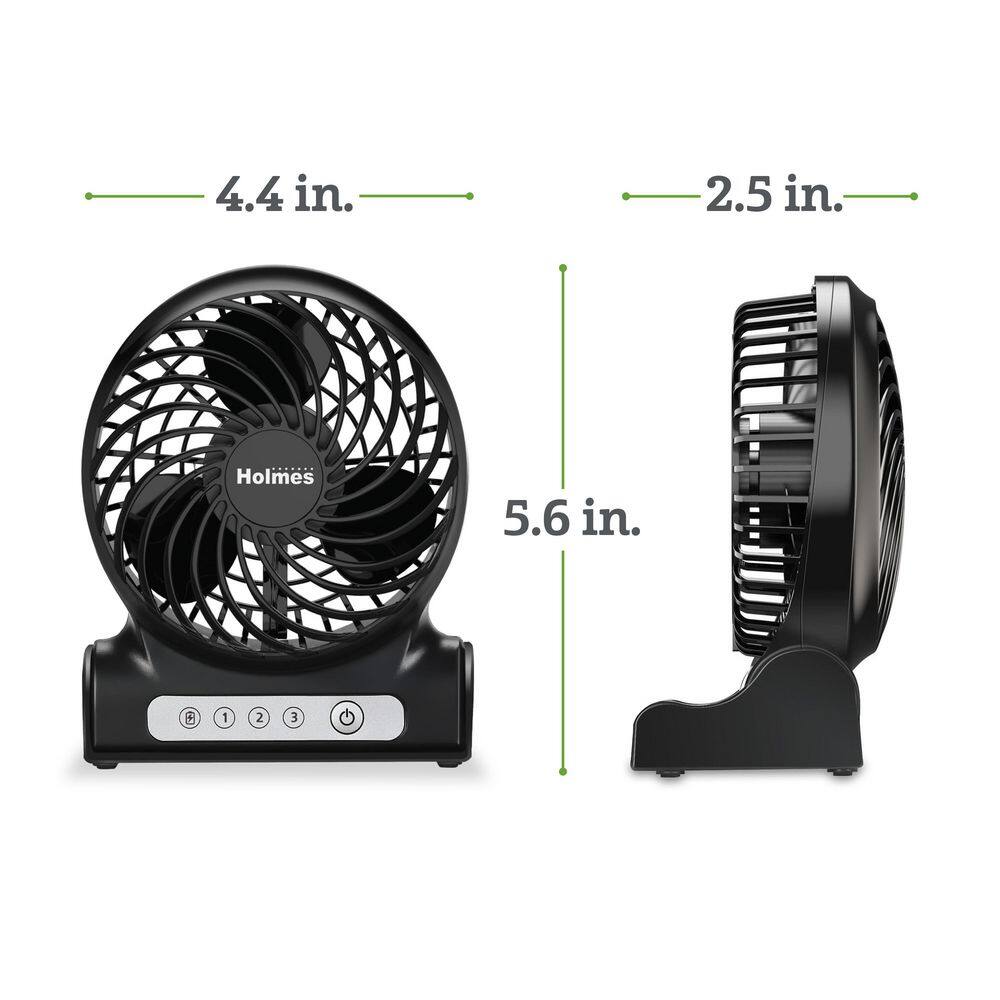 Holmes 4 in. Rechargeable Personal Fan with 3 Speeds Black 17034