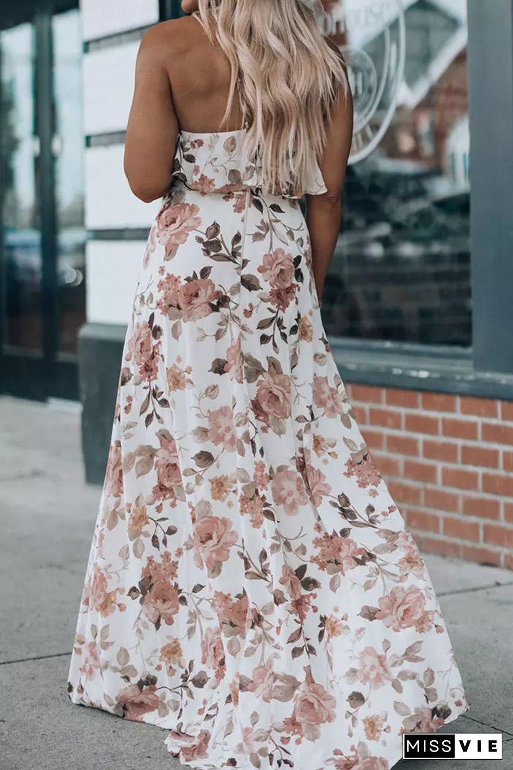 White Floral Slit Ruffled Halterneck Maxi Dress