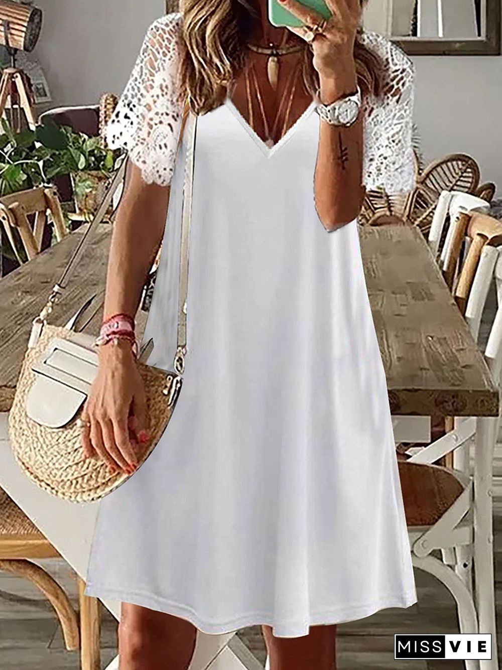 Casual Loose Print Women Summer Dress Sexy V Neck Hollow Out Party Boho Dresses New Lace Short Sleeve Stitching Beach Mini Dress