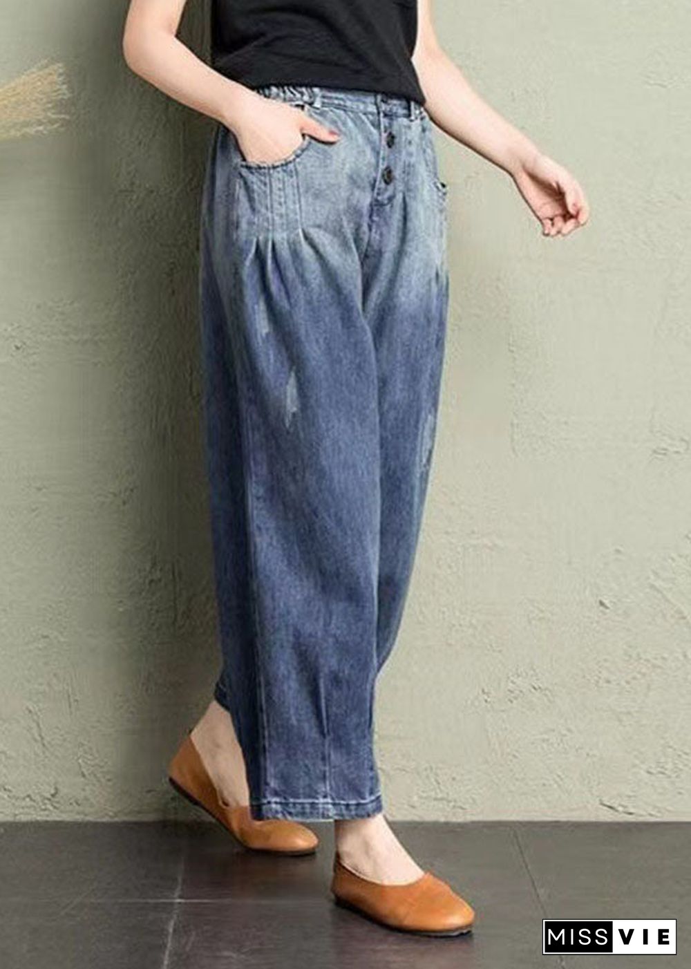 Classy Blue Pockets Loose Harem Fall Denim Pants