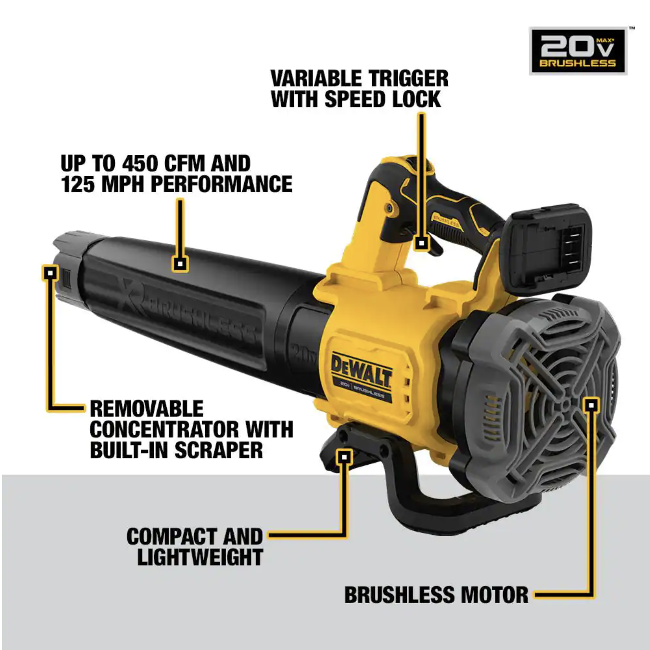 Dewalt 20V MAX 125MPH 450CFM Cordless Brushless Handheld Blower with 20V Compact Lithium-Ion 4Ah Battery and 12V to 20V Charger