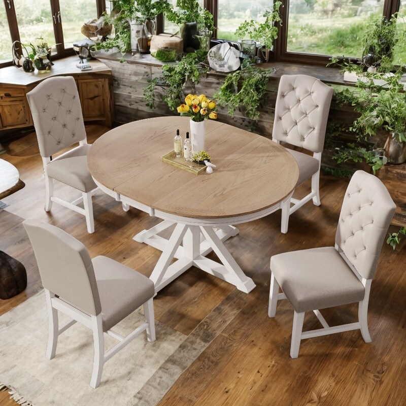 5 Piece Round Table  with Extendable Table and 4 Upholstered Chairs for Dining Room  Oak Natural Wood OFF White