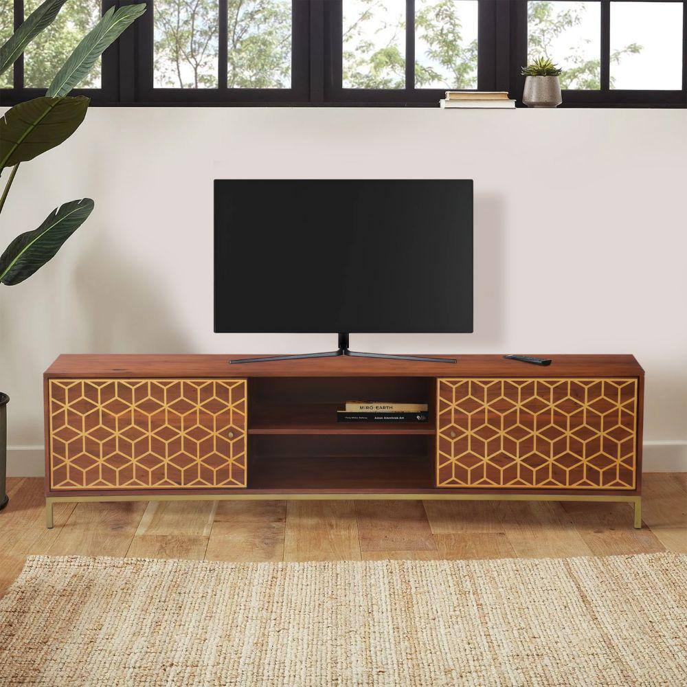 THE URBAN PORT Kalyn Brown and Brass Acacia Wood Handcrafted TV Media Console Entertainment Center Fits TVs up to 78 in. with 2 Doors UPT-276810