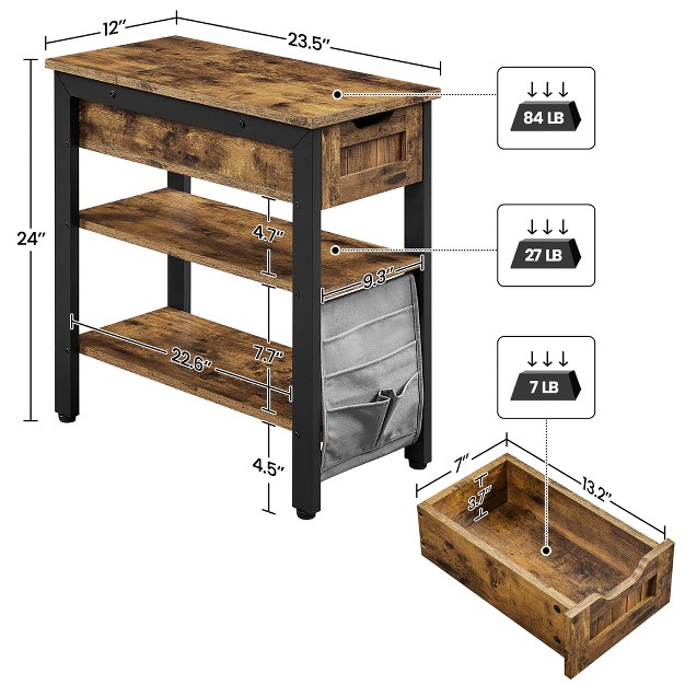 Yaheetech 3 tier Narrow End Table With Drawer And Flip Top Compartment Rustic Brown