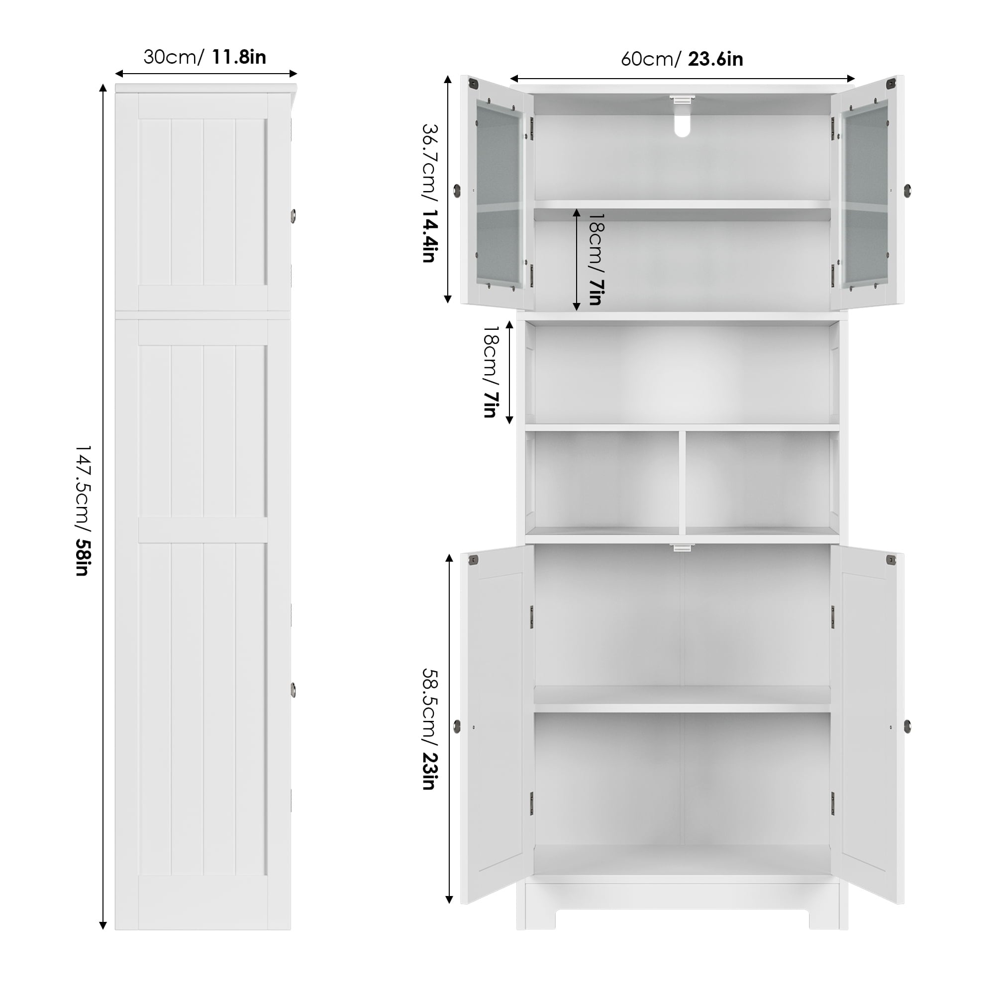 Homfa White Linen Cabinet, 58'' Tall Bathroom Cabinet with Doors and Shelves, Pantry Storage Cabinet with Hutch for Kitchen